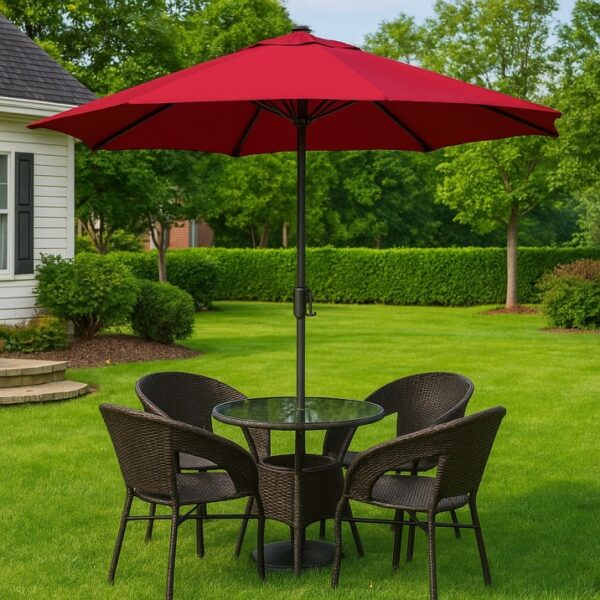 Outdoor Dining Set with Glass Table & Red Umbrella