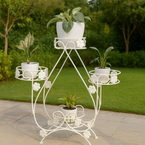 Elegant White Wrought Iron 5-Pot Plant Stand